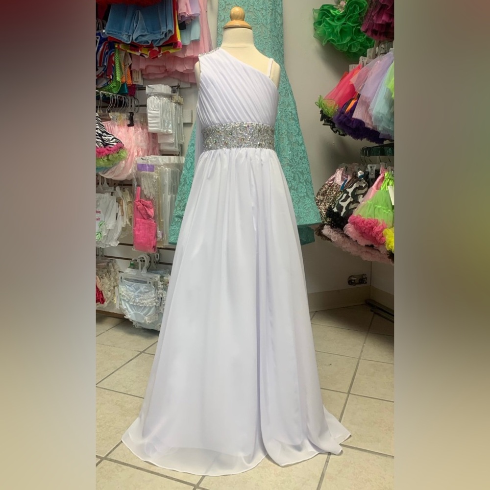 Sz 12 One Shoulder Long White Beaded Formal Pageant Princess Gown Dress w/ train